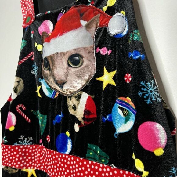 Love On A Hanger Overalls Womens Large‎ Black Velour Christmas Kitty Cat Santa - Picture 4 of 14
